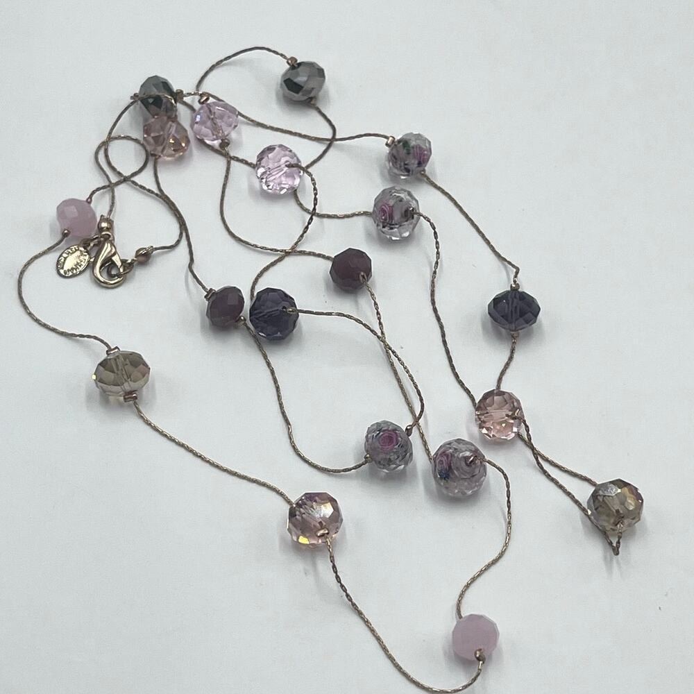 Ali Kahn New York Pink Glass Purple‎ Rose Beaded Gold Tone Long Station Necklace